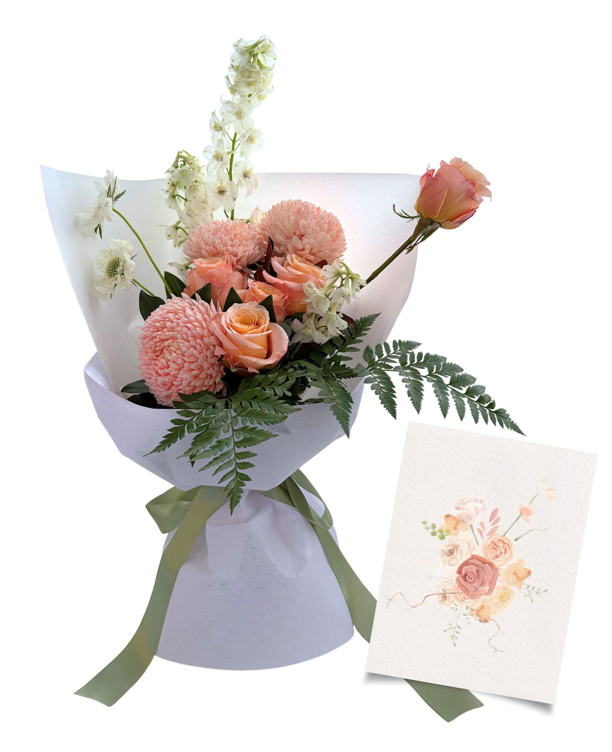 A wrapped floral bouquet with peach and pink flowers, green foliage, and a white paper sleeve, shown on a white background with a small matching floral card beside it.
